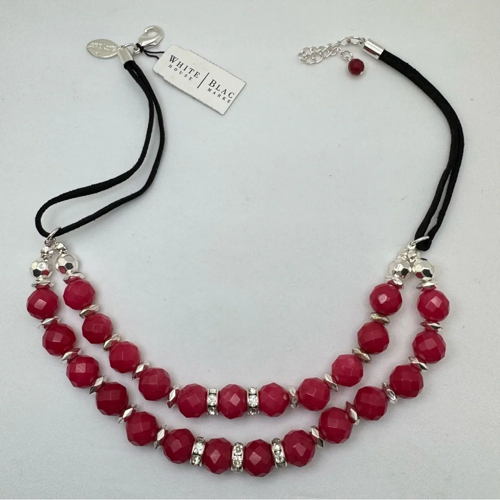 White House Black Market Red Jade Beaded Necklace Double Strand Rhinestone NWT